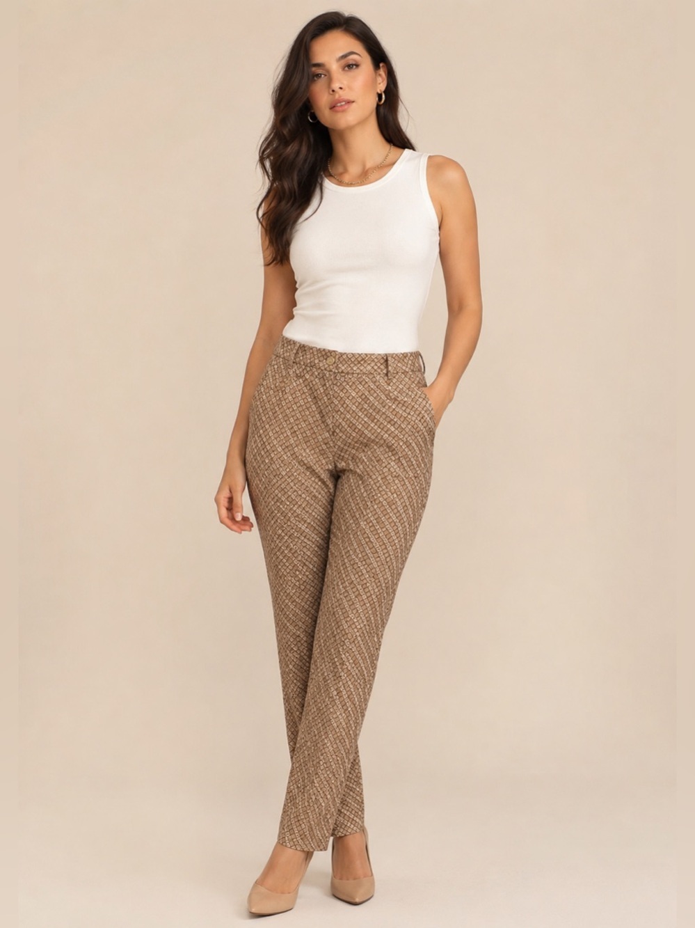 Etcetera Brown Geometric Print Slim Ankle Pants Size 6 Stretch Cotton Blend